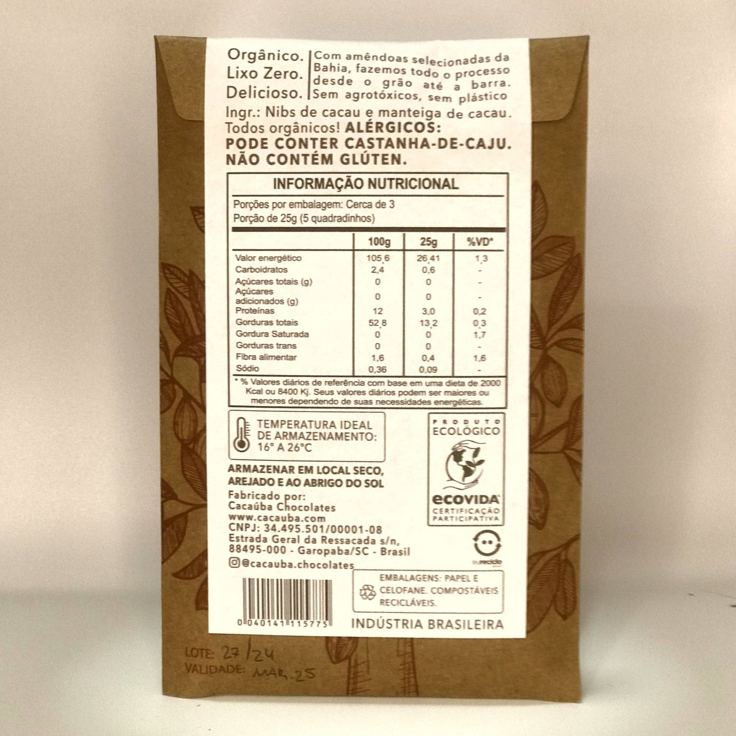 Barra 100% cacau - Cacau Cerimonial - 80g