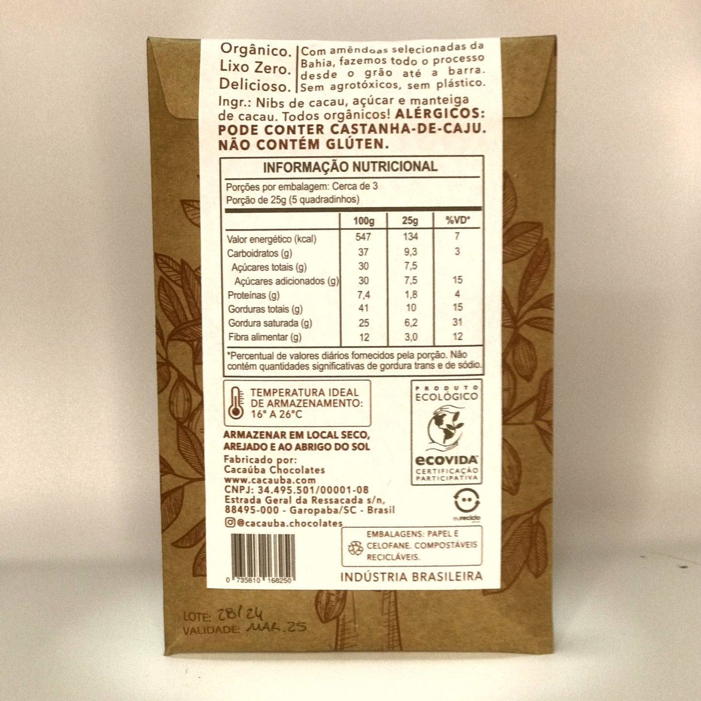 Barra de chocolate 70% cacau 80g