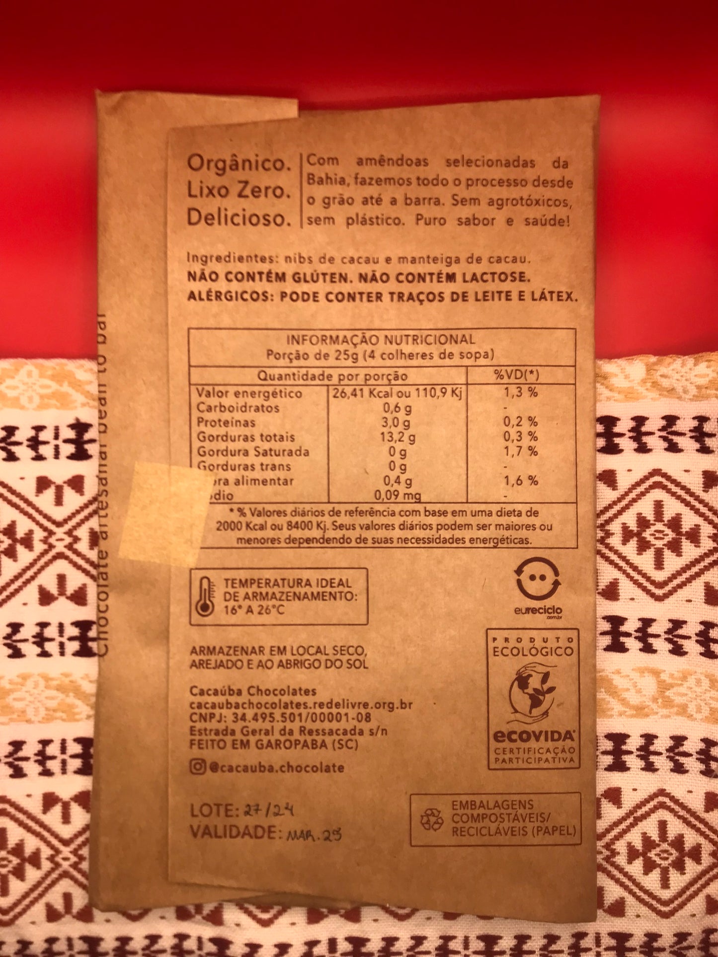Barra 100% cacau - Cacau Cerimonial 500g